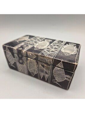 Hand Carved Soapstone Trinket Box With Fish and Bird Design